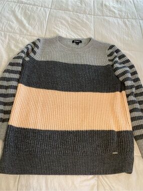 DKNY Colorblock Striped Crewneck Sweater in Gray, Charcoal & Peach